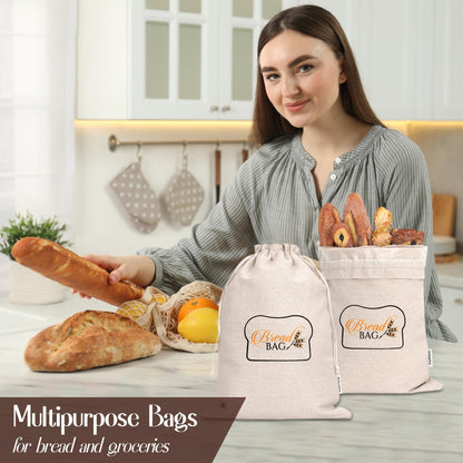 A ARTIZANKA 2 Bread Bags for Homemade and Sourdough Bread, Reusable Cotton Cloth Bags with Plastic Liner and Drawstring, Reusable Food Storage, (2 pack) - 17" x 13" XL
