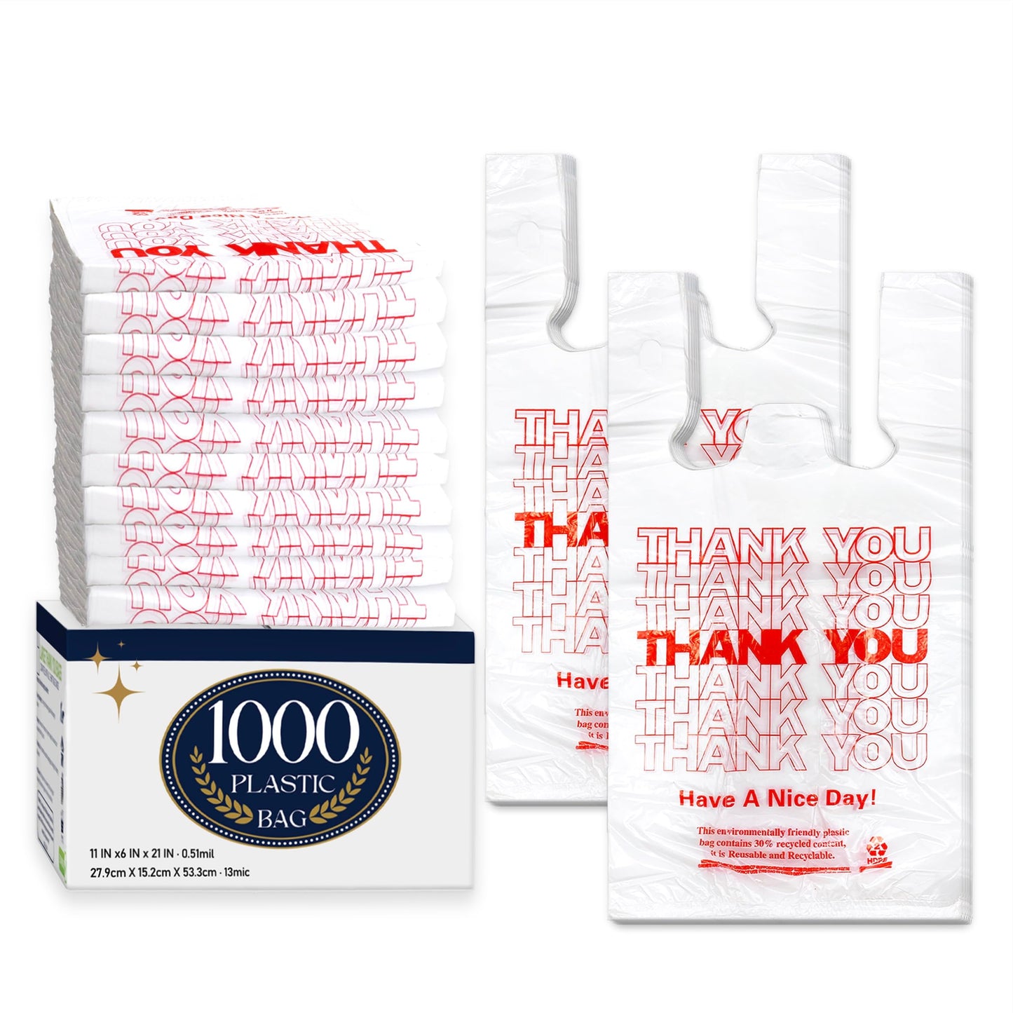 1000 Count White Disposable Thank You Bags with Handles - 11''x6''x21'' Plastic Carry Bags for Retail/Supermarket