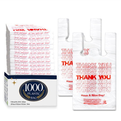 1000 Count White Disposable Thank You Bags with Handles - 11''x6''x21'' Plastic Carry Bags for Retail/Supermarket
