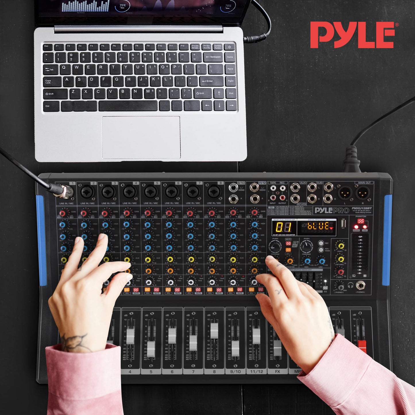 PYLE 12-Channel Bluetooth Studio Audio Mixer - DJ Sound Controller Interface with USB Drive for PC Recording Input, RCA, XLR Microphone Jack, 48V Power, For Professional and Beginners - PMXU128BT