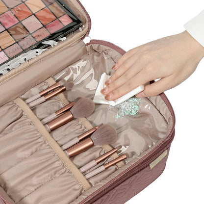 NISHEL Large Double Layer Travel Makeup Bag Women, Large Cosmetic Case, Organizer for Travel-Size Accessories Bottles, Brushes, Conditioner, and Skin Care Products, Rose-wood Pink