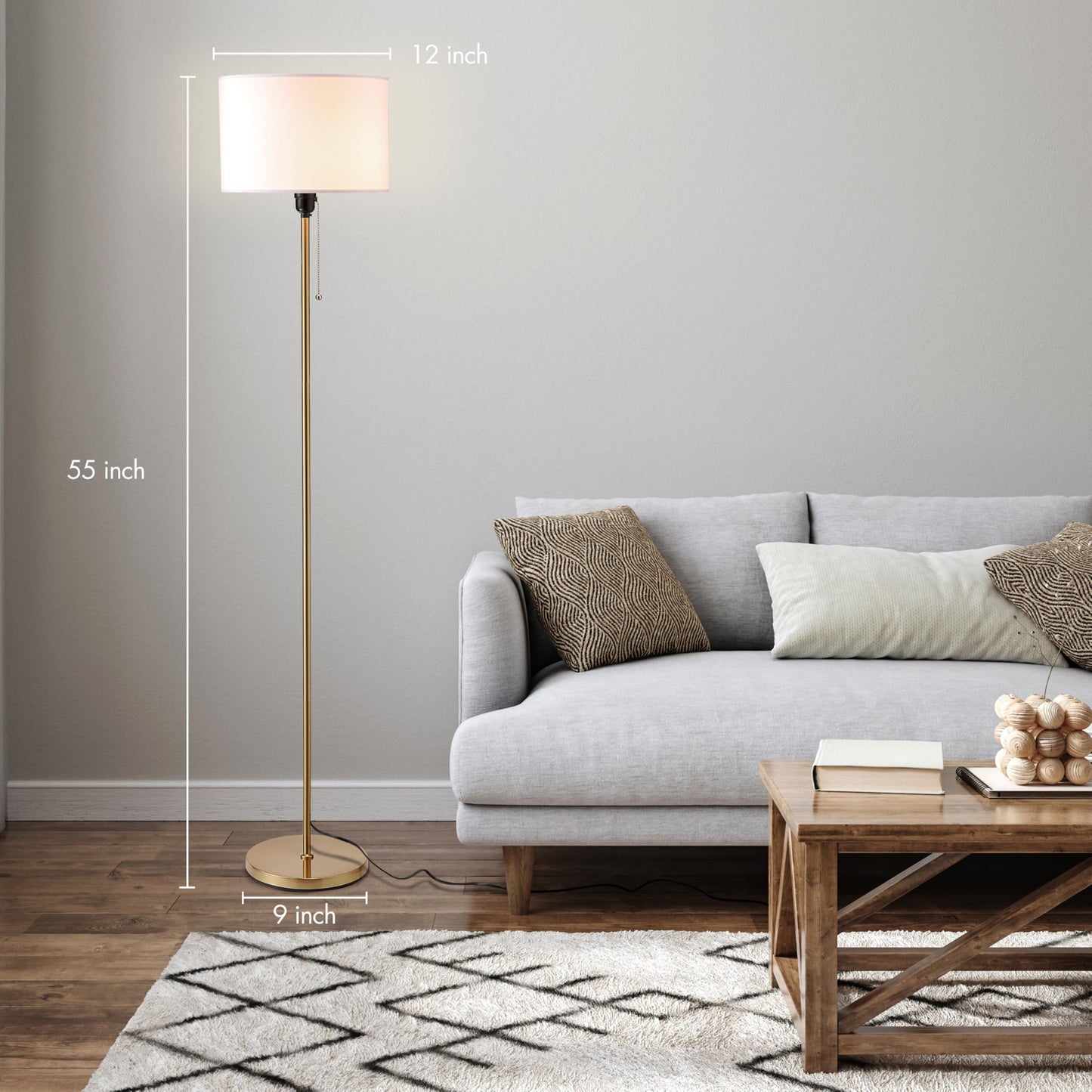 O’Bright Ted - Drum Shade Standing Lamp, Pull Chain Switch, E26 Socket, Modern Minimalist Design, Simple Floor Lamp for Living Room, Bedroom, Office, Antique Brass