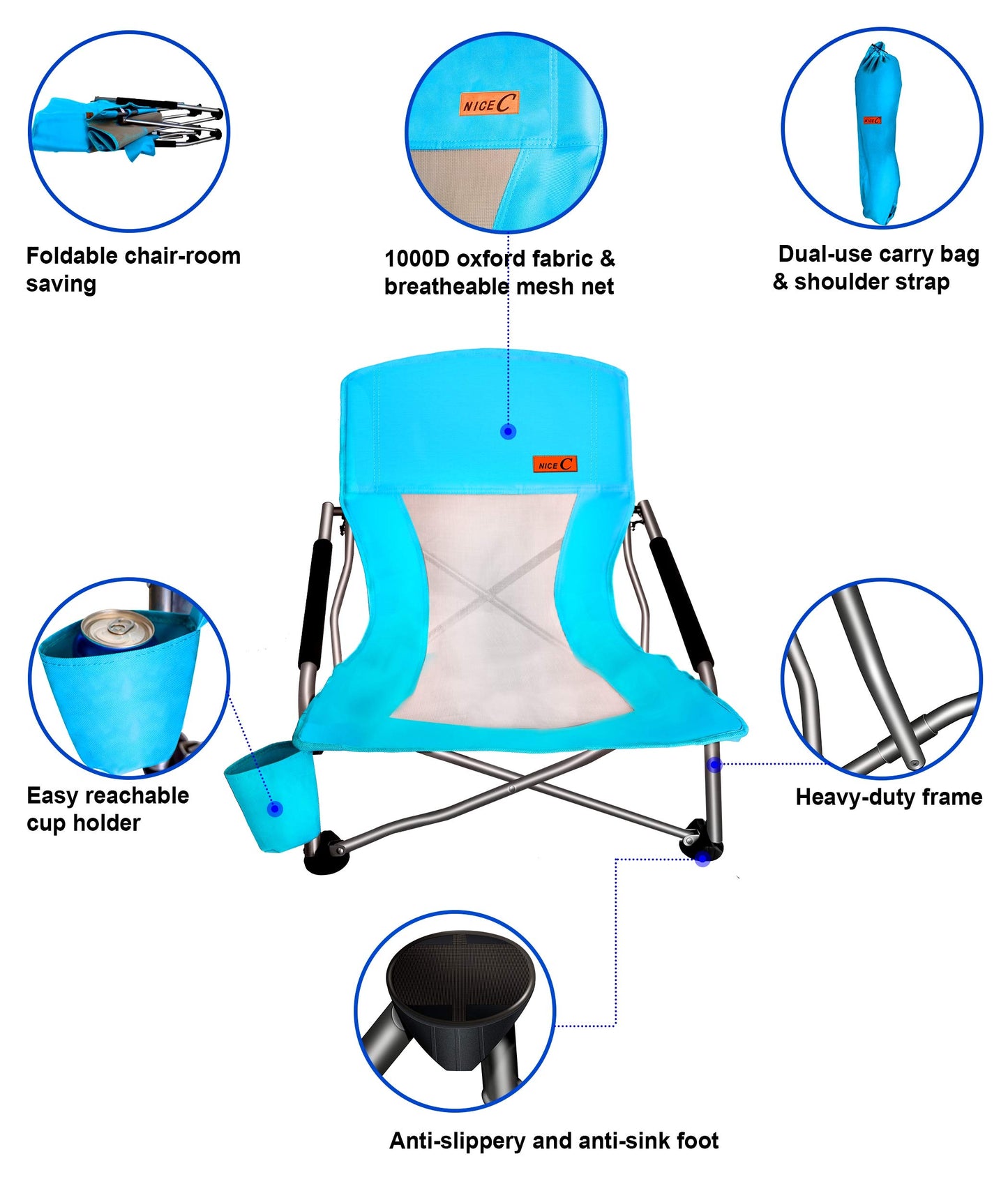 Nice C Low Beach Camping Folding Chair, Ultralight Backpacking Chair with Cup Holder & Carry Bag Compact & Heavy Duty Outdoor, Camping, BBQ, Beach, Travel, Picnic, Festival (Set of 1 Blue)