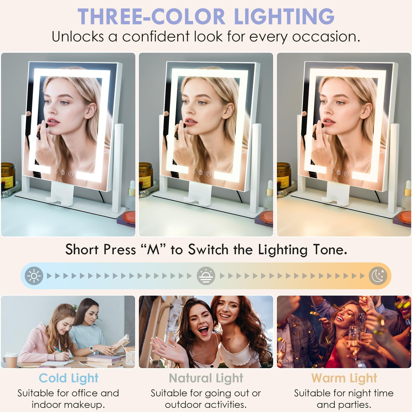 LuxeVue Makeup Mirror with Lights, Vanity Mirror with 3 Lighting Modes, Light Up Mirror, Touch Sensor, AC-Powered, 360° Rotatable, Metal Frame, with Detachable 3.5" 15X Spot Mirro, Gift for Women