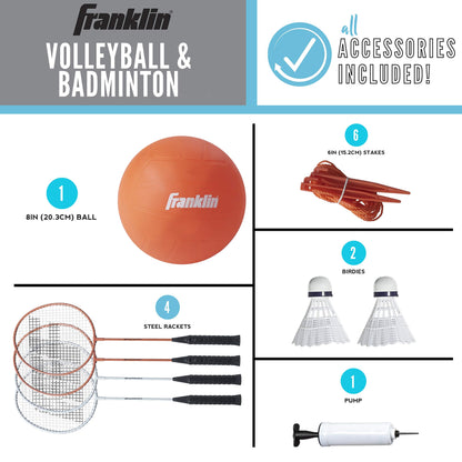 Franklin Sports Volleyball & Badminton Combo Set - Portable Backyard Net Set - Ball, Rackets & Birdie Included - Starter