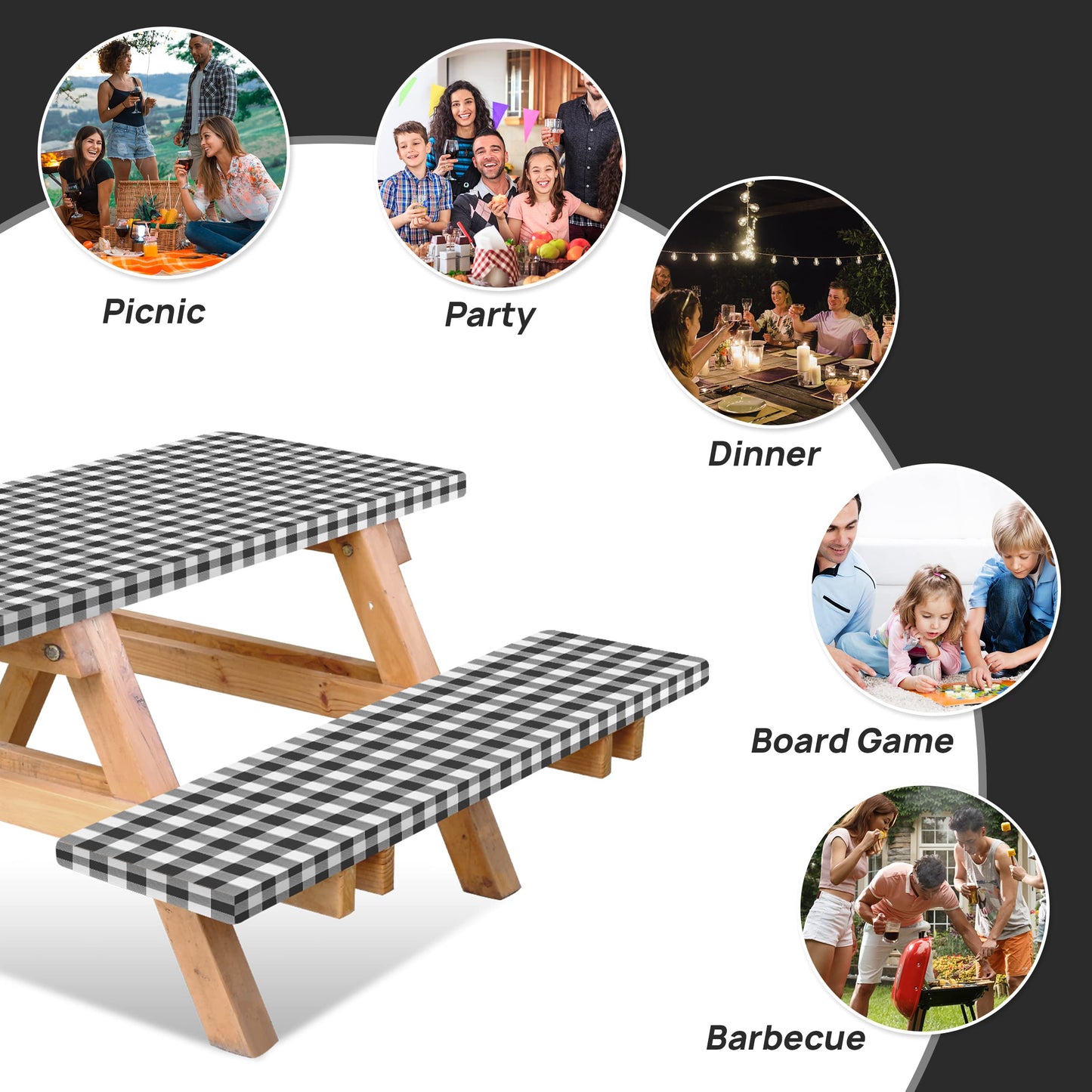 RNOONY Vinyl Fitted Picnic Table Cover with Bench Covers and Bag, 6ft Outdoor Waterproof Windproof Tablecloth with Elastic Edges. Camping RV Gear Campers Must Have 72x30 Inches 4 Pcs Set (Black)