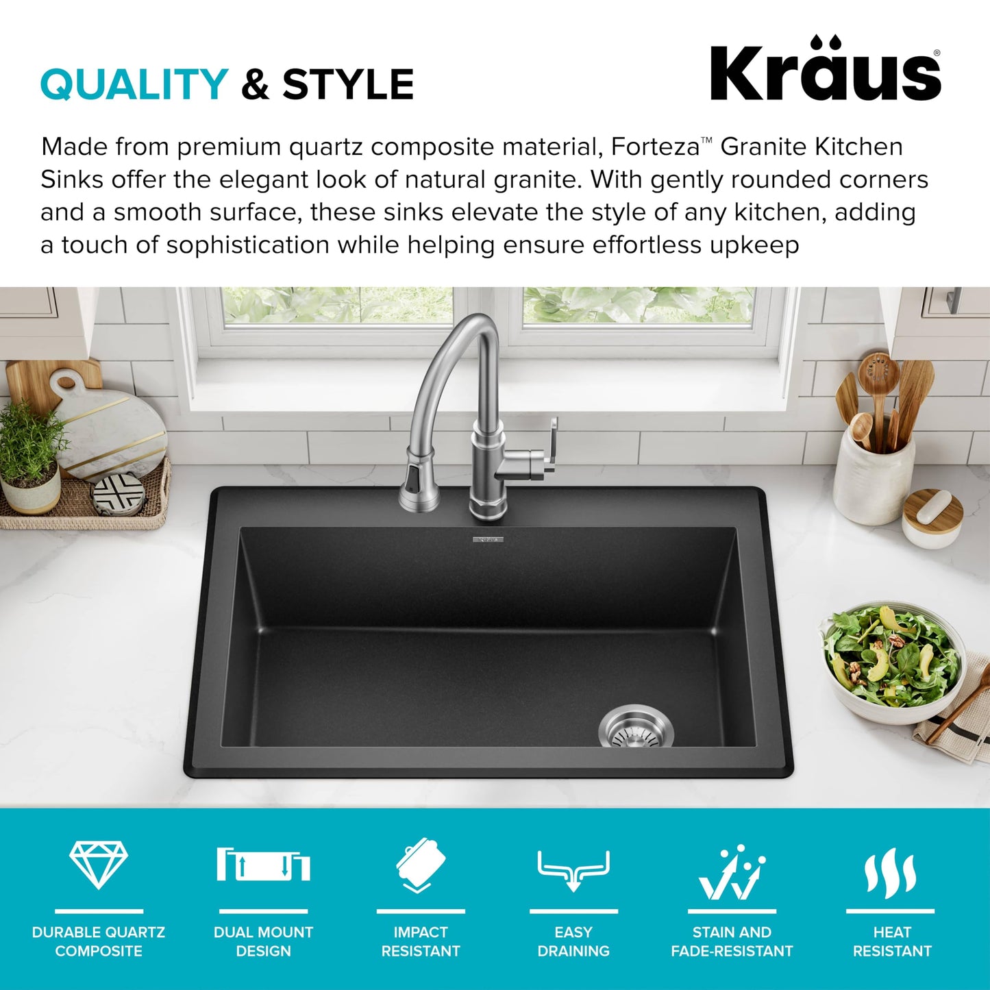 KRAUS Forteza 33-inch Drop In/Undermount Single Bowl Granite Kitchen Sink in Black, KGD-54BLACK