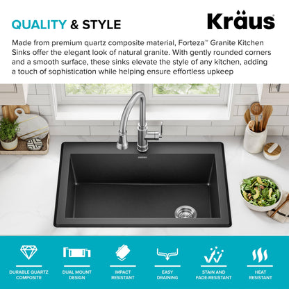 KRAUS Forteza 33-inch Drop In/Undermount Single Bowl Granite Kitchen Sink in Black, KGD-54BLACK