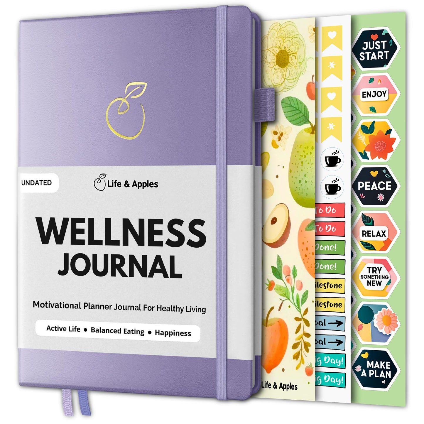 Life & Apples Wellness Journal Planner – Food Log, Fitness Tracker, Habit Tracker, Weight Loss Journal for Diet Tracking and Health Goals, Undated, Size A5 Lavender