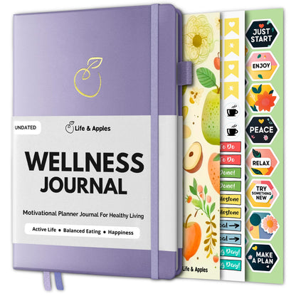 Life & Apples Wellness Journal Planner – Food Log, Fitness Tracker, Habit Tracker, Weight Loss Journal for Diet Tracking and Health Goals, Undated, Size A5 Lavender