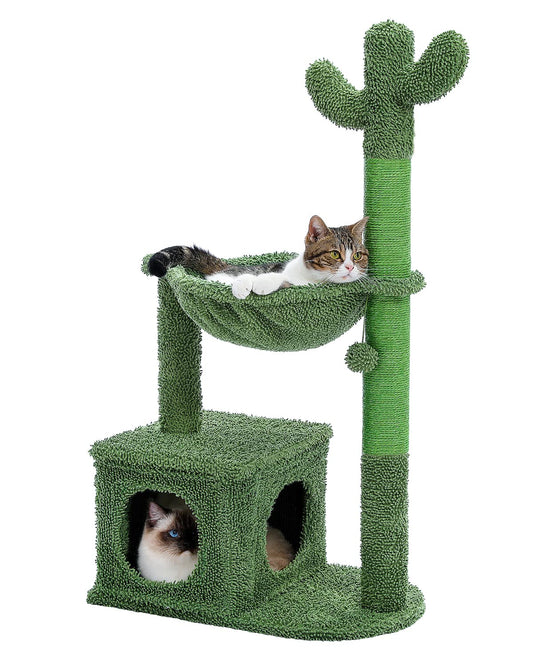 MUTTROS Cactus Cat Tree 40" Cat Tower with Large Metal Carpet Hammock, Cat Scratching Post for Indoor Cats with Condo & Replaceable Toy Ball, Green