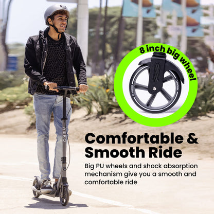 Aero Big Wheels Kick Scooter for Kids 8-12, Teens & Adults | Hand Brake, Rubber Deck Mat & Shock Absorption | Foldable & Height Adjustable, 220lbs Max