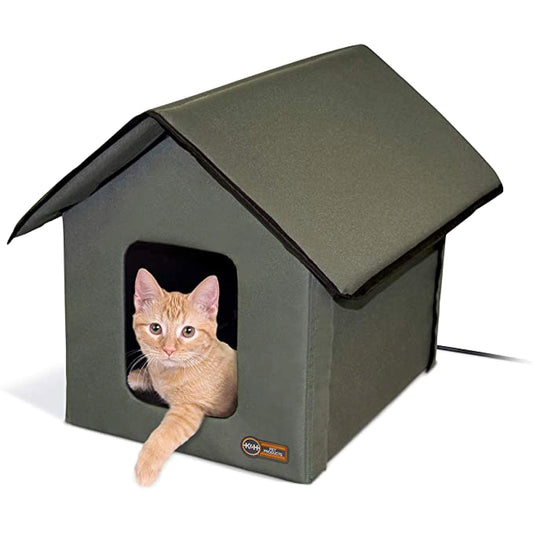K&H Pet Products Heated Outdoor Cat House for Outside Pets in Winter, Weatherproof Outdoor House for Ferals, Insulated Kitty Shelter, 2 Doors, Waterproof Heated Cat Bed, Safety Listed - Olive/Olive