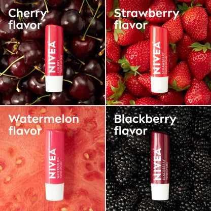 NIVEA Lip Care, Fruity Tinted Lip Balm Variety Pack, Cherry, Strawberry, Blackberry and Watermelon Flavors, 3-in-1 Moisture, Repair and Color, 0.17 Oz Stick, Pack of 4