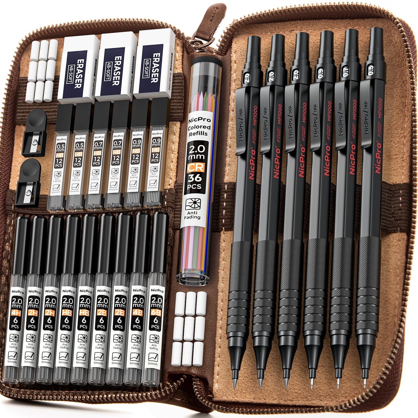 Nicpro 30PCS Black Metal Mechanical Pencil Set in Leather Case, Art Drafting Pencil 0.5, 0.7, 0.9 mm, 2mm Lead Pencil Holders for Sketching Drawing With 16 Tube (6B 4B 2B HB 2H 4H Colors)Lead Refills