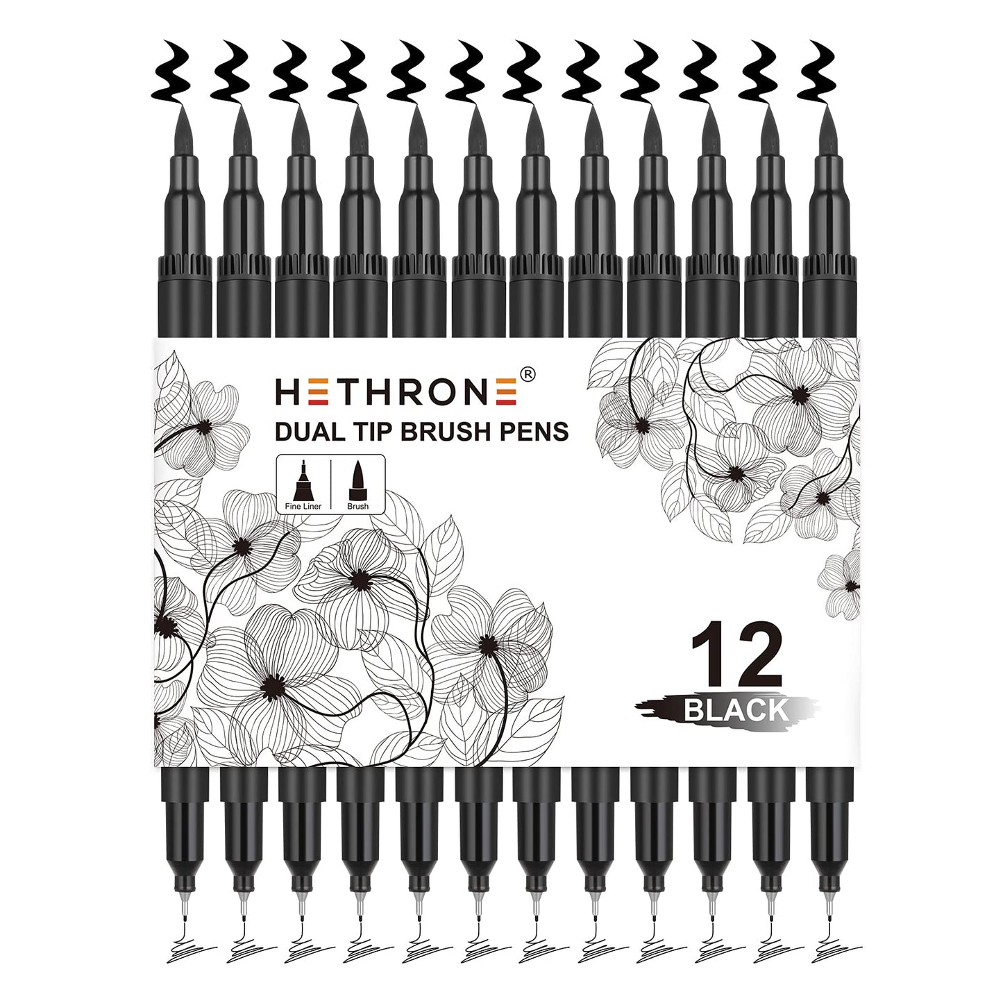 Hethrone Black Markers for Drawing - Brush Pens with Felt Tips for Artists - Calligraphy Pens, 12 Pack