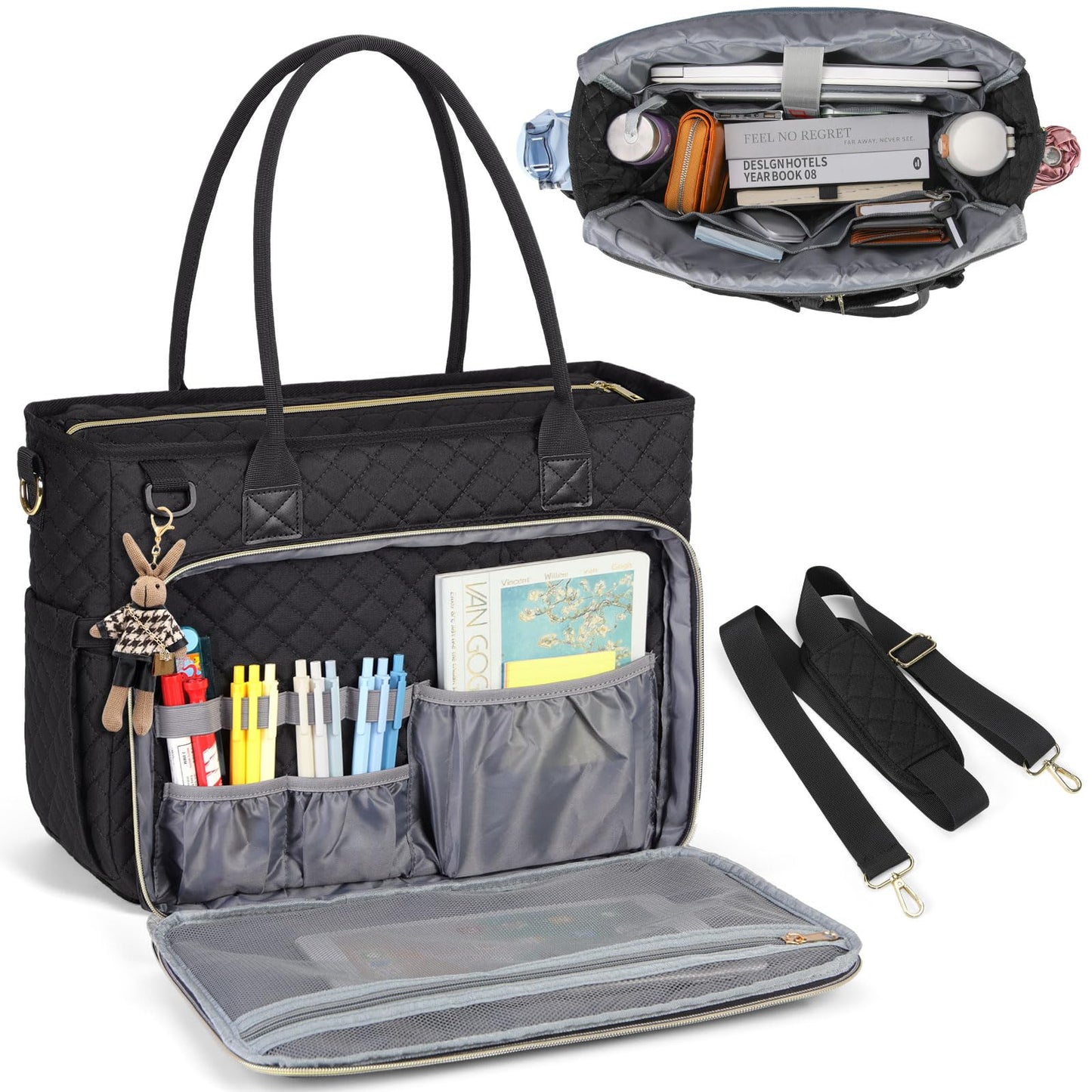 RAINSMORE Teacher Tote Bag 15.6 inch Laptop Bag for Women Work Bags Laptop Tote Nurse Bag Professional Computer Messenger with Insulated Pocket, Laptop Briefcase for Office, College, Nursing, Black