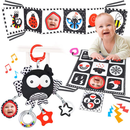 KUANGO Black and White High Contrast Baby Toys 0-6 Months with Mirror, Crinkle and Rattles, Soft Baby Toys for Brain Development Montessori Sensory Tummy Time Newborn Infant for 0 3 6 9 Months Old