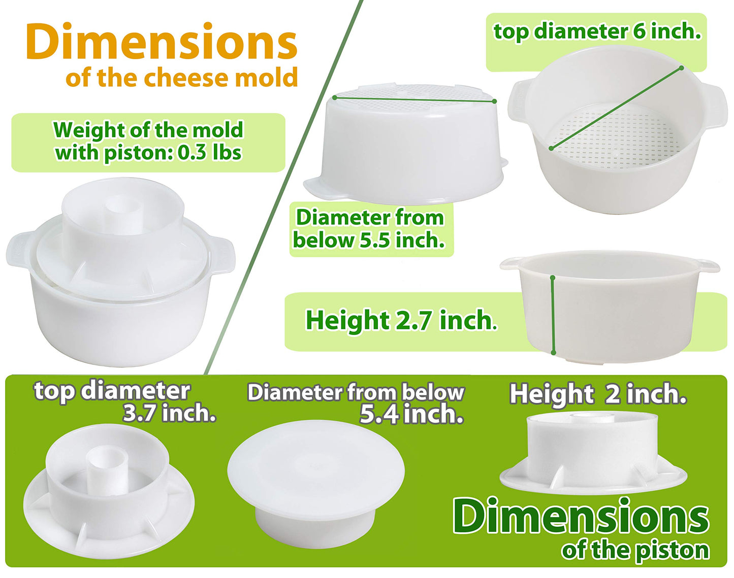 PetriStor Cheese Mold for Cheese Making Cheese with Follower Piston 1.3QT and Cheesecloth - Cheese Form Mold - Cheese Making Basket - Paneer Cheese Press Mold - Molde Para Queso