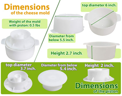 PetriStor Cheese Mold for Cheese Making Cheese with Follower Piston 1.3QT and Cheesecloth - Cheese Form Mold - Cheese Making Basket - Paneer Cheese Press Mold - Molde Para Queso