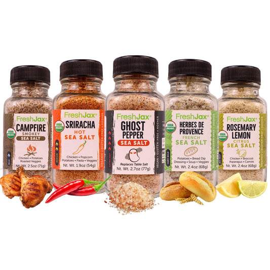 FreshJax Seasoned Sea Salt Gift Set | 5 Sampler Sized Sea Salt Organic Seasoning | Grilling Christmas Gifts for Men, Dads, Father | Flavored Salt Spice Set Packed in a Giftable Box