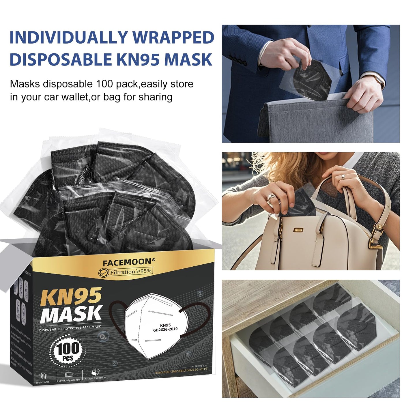 KN95 Face Masks Black Adults - 100 Pack Disposable Masks Comfortable 5-Layer Safety Face Masks & 5 Adjustable Masks Extender Masks Large Size