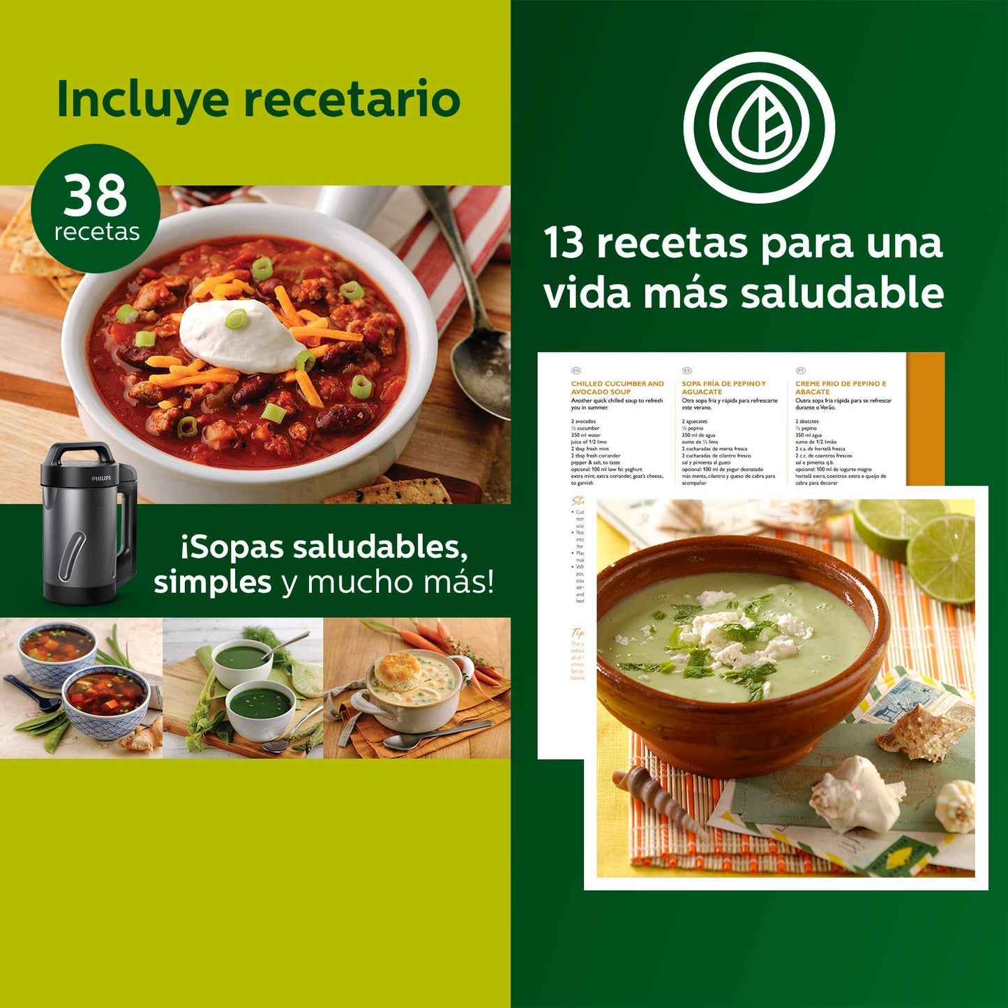 Philips Viva Collection SoupMaker, 1.2 L, Makes 2-4 servings, 6 Pre-set Programs, SoupPro Technology, Soup in Less than 18 Minutes, Eeasy Clean, Recipe Book, Black and Stainless Steel (HR2204/70)