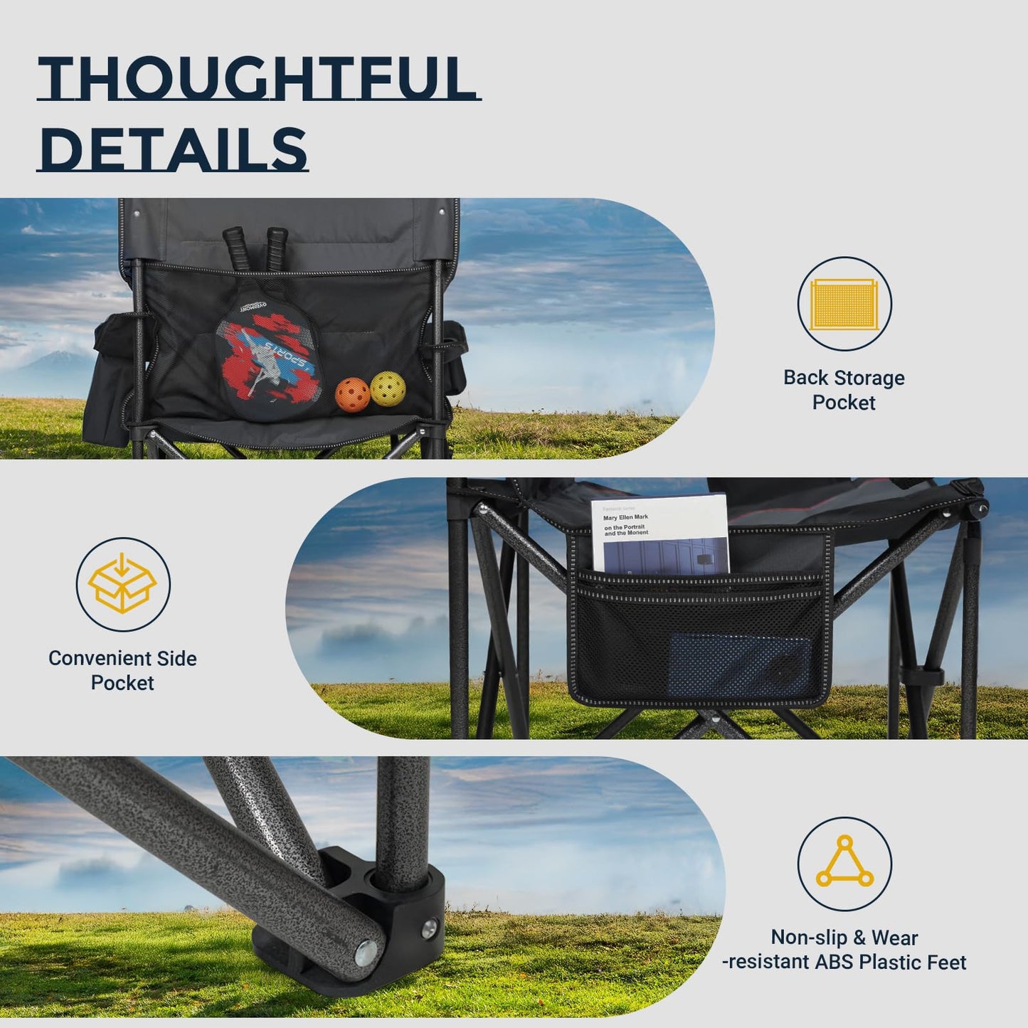 Overmont Oversized Folding Camping Chair - 450lbs Support with Padded Cushion Cooler Pockets - Heavy Duty Collapsible Chairs for Sports Garden Beach Fishing Black