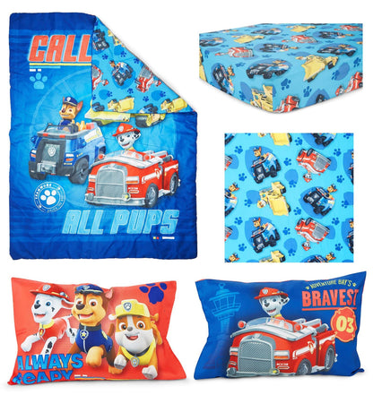 Paw Patrol Calling All Pups 4 Piece Toddler Bedding Set – Includes Comforter, Sheet Set – Fitted + Top Sheet + Reversible Pillowcase for Boys Bed, Blue