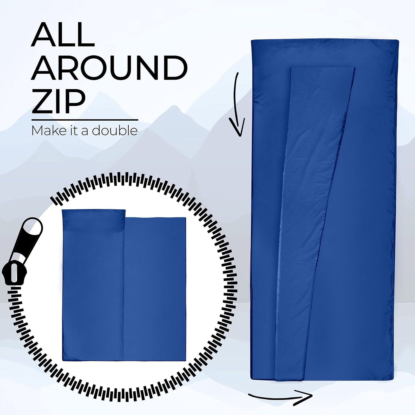 MIQIO 2-in-1 Sleeping Bag Liner and XL Sized Travel Sheet - All Around Zipper - 100% Cotton - Ultra Lightweight Sleep Liner for Hotel Hostel and Camping