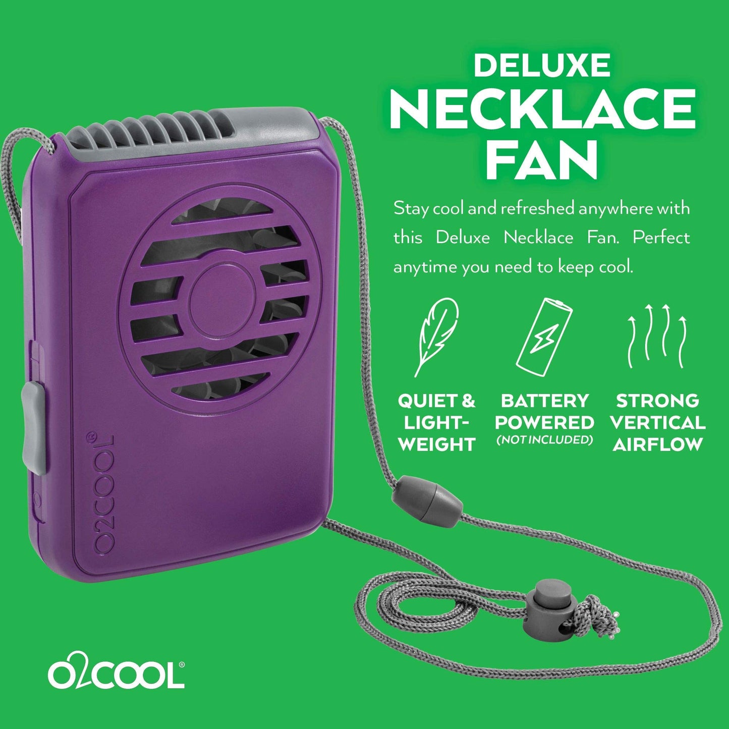 O2COOL Battery Powered Deluxe Necklace Fan For Personal Cooling With Adjustable Lanyard (Purple)