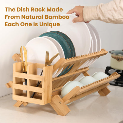 NOVAYEAH Bmaboo Dish Drying Rack for Kitchen Counter 3-Tier Collapsible Wooden Dish Drying Rack with Utensil Holder Dish Drainer Large Folding Dish Rack with Utensils Flatware Holder 51 pcs Grid