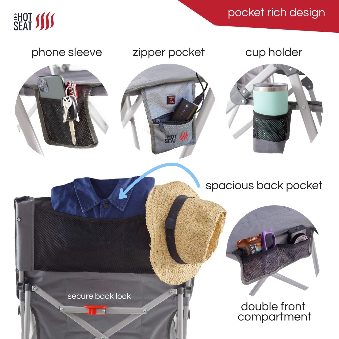 POP Design The Hot Seat, USB Heated Portable Folding Camping Chair, Perfect for Outdoor, Lawn, Patio, Sports, Beach, or Picnics. (Battery Pack NOT Included)