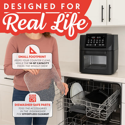 Gourmia Air Fryer Toaster Oven Combo - All-in-One 14-Quart Digital Air Fryer Toaster Oven with Rotisserie & Dehydrator – 12 Presets, Guided Cooking Prompts, 1750W, Dishwasher-Safe Accessories