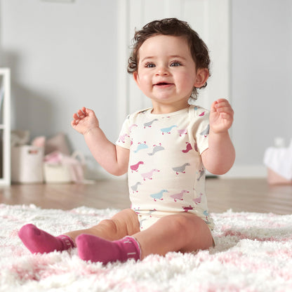 Grow by Gerber Baby Girls 5-Pack Short-Sleeve Onesies Bodysuits, Grey/Pink/Ivory, 12 Months