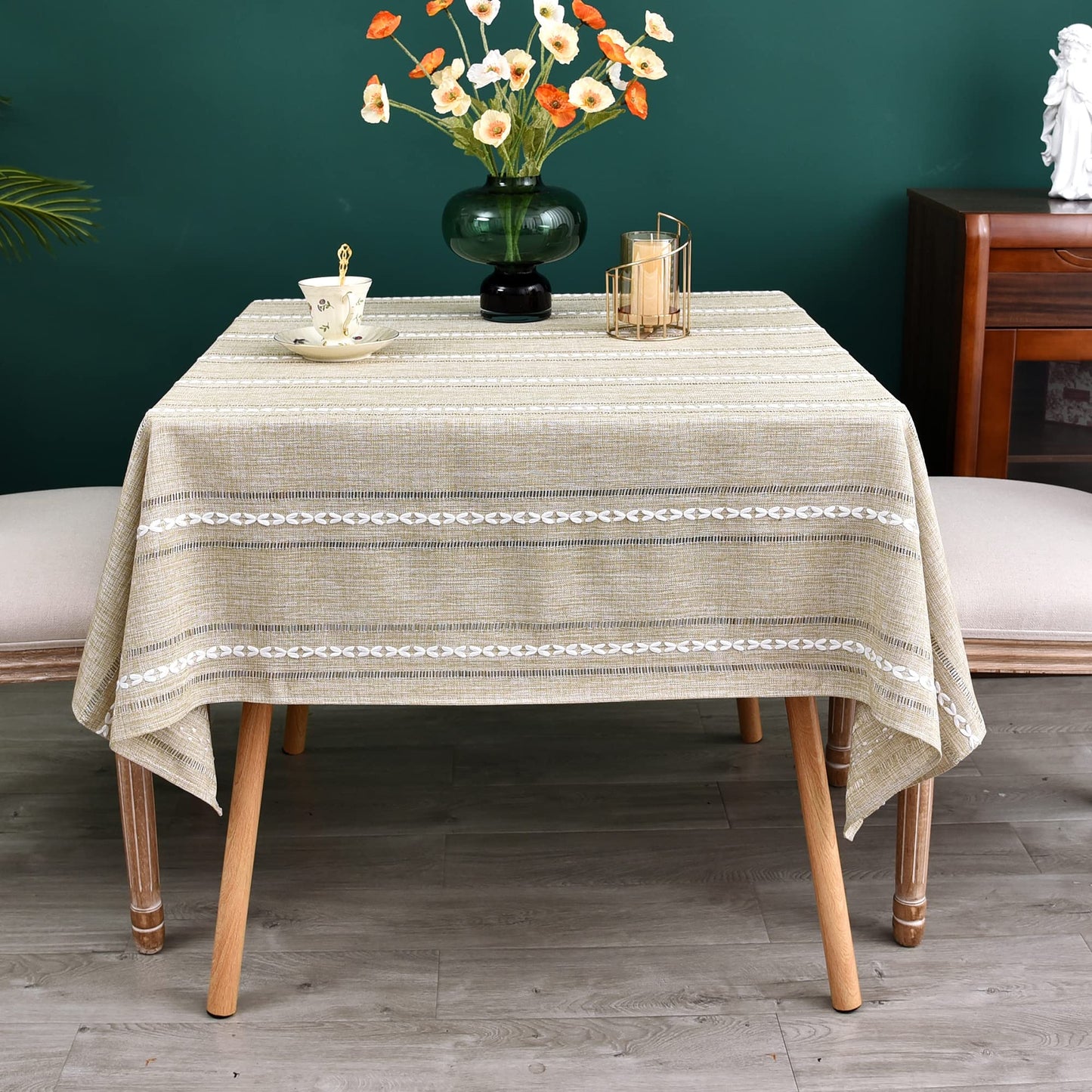 NEWISHER Rustic Farmhouse Embroidered Square Tablecloth Jacquard Striped Table Cloth Linen Washable Dining Table Cover Kitchen Dining Home Decoration Yellow 70x70 inch