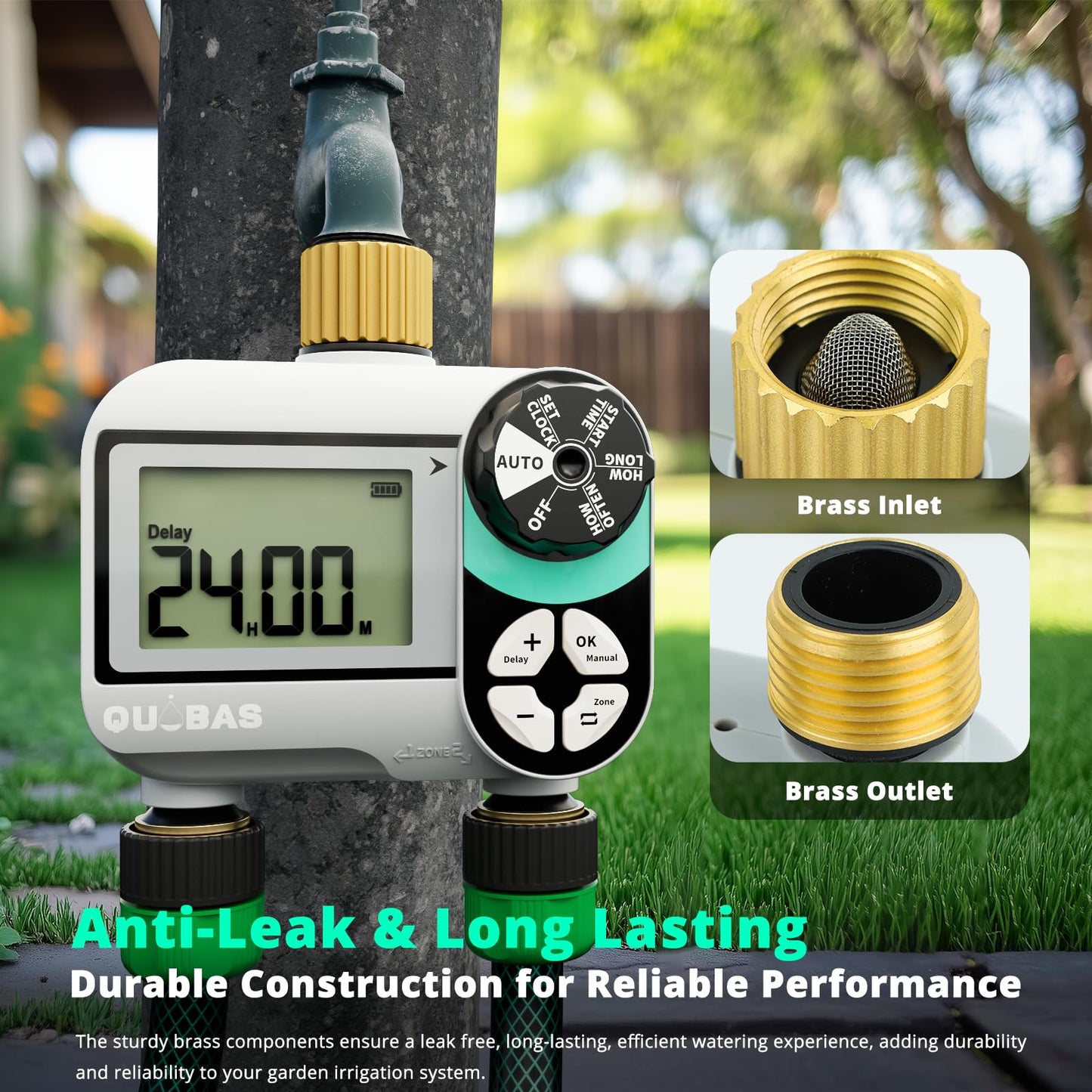 QUOBAS 2 Zone Sprinkler Timer with Brass Inlet & Outlet, Programmable Water Timer for Garden Hose with Rain Delay/Manual Watering/Automatic Irrigation Controller System for Yard, Lawn