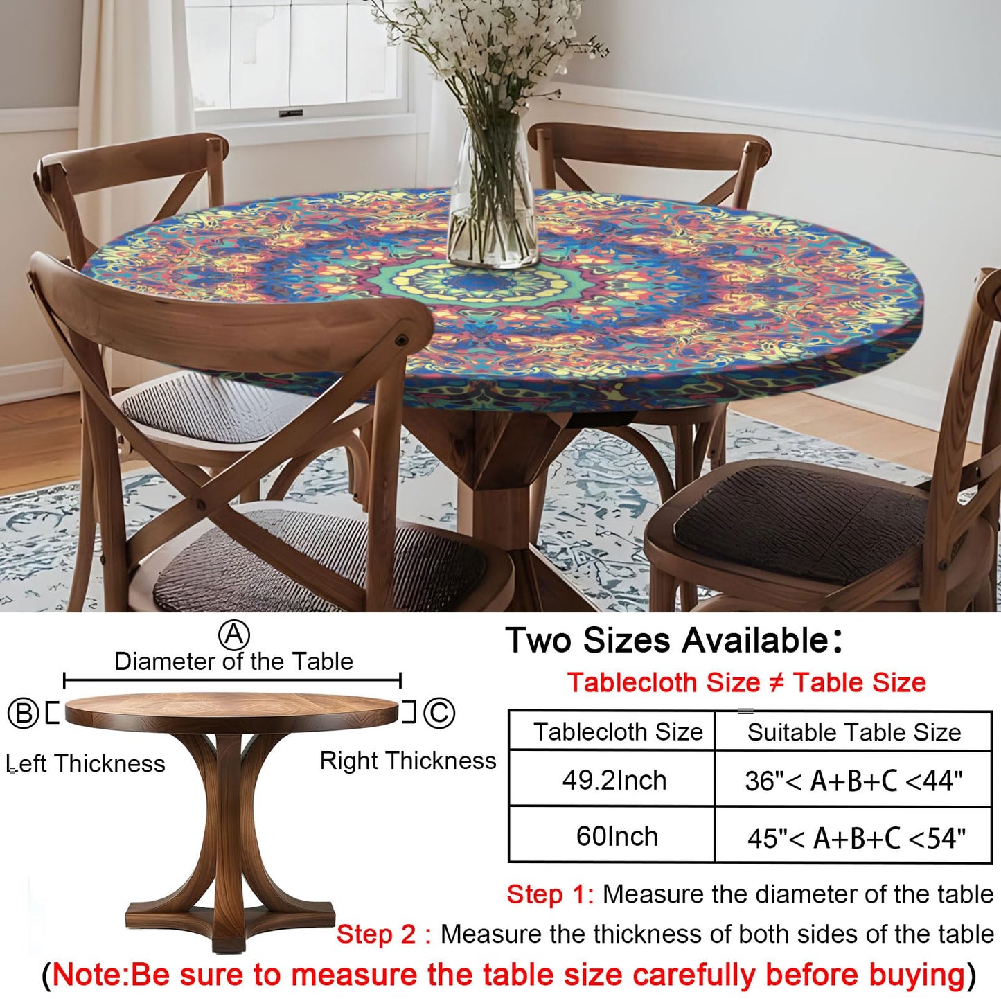 Opstellen Round Tablecloth Waterproof Boho Fitted Vinyl Table Cloth Summer Fall Outdoor Circle Cover for 36-44" Tables Kitchen Dining Apartment Essentials Camping Picnic Party Decor Housewarming Gifts