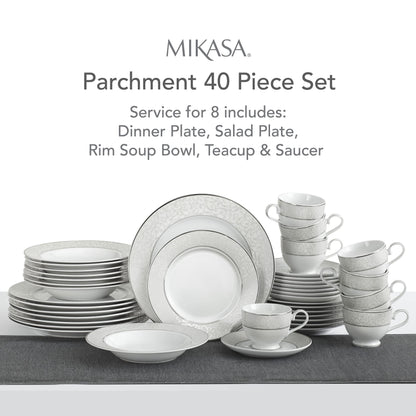 Mikasa Parchment 40-Piece Dinnerware Set, Service for 8, Durable Porcelain Plates, Bowls, and Mugs with Contemporary Design, Dishwasher Safe