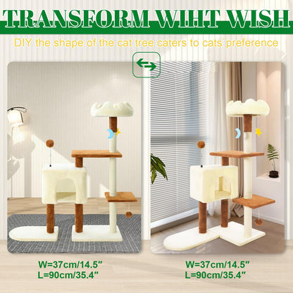 41 Inches Cat Tree Tower with Scratching Post, Tall Cat Trees for Indoor Cats Large Adult, Multi-Level Cozy Plush Cat Houses & Condo Furniture with Top Perch, Cats Climbing Towers(White)