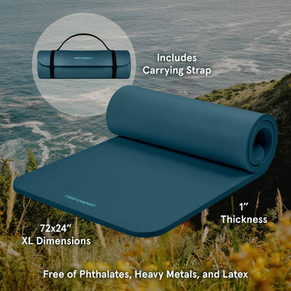Retrospec Solana Yoga Mat 1" Thick w/Nylon Strap for Men & Women - Non Slip Exercise Mat for Home Yoga, Pilates, Stretching, Floor & Fitness Workouts - Ocean Blue