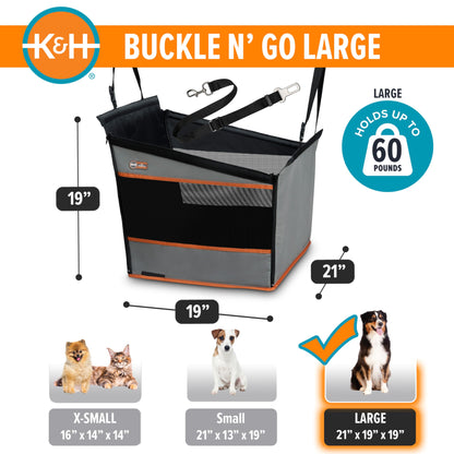 K&H Pet Products Buckle N Go Dog Car Seat for Large Dogs, Waterproof Fabric, Breathable Mesh Sides, Adjustable Seat Belt Leash, Carseat for Medium to Large Pets, Car Seat Cover - 21 X 19 X 19in