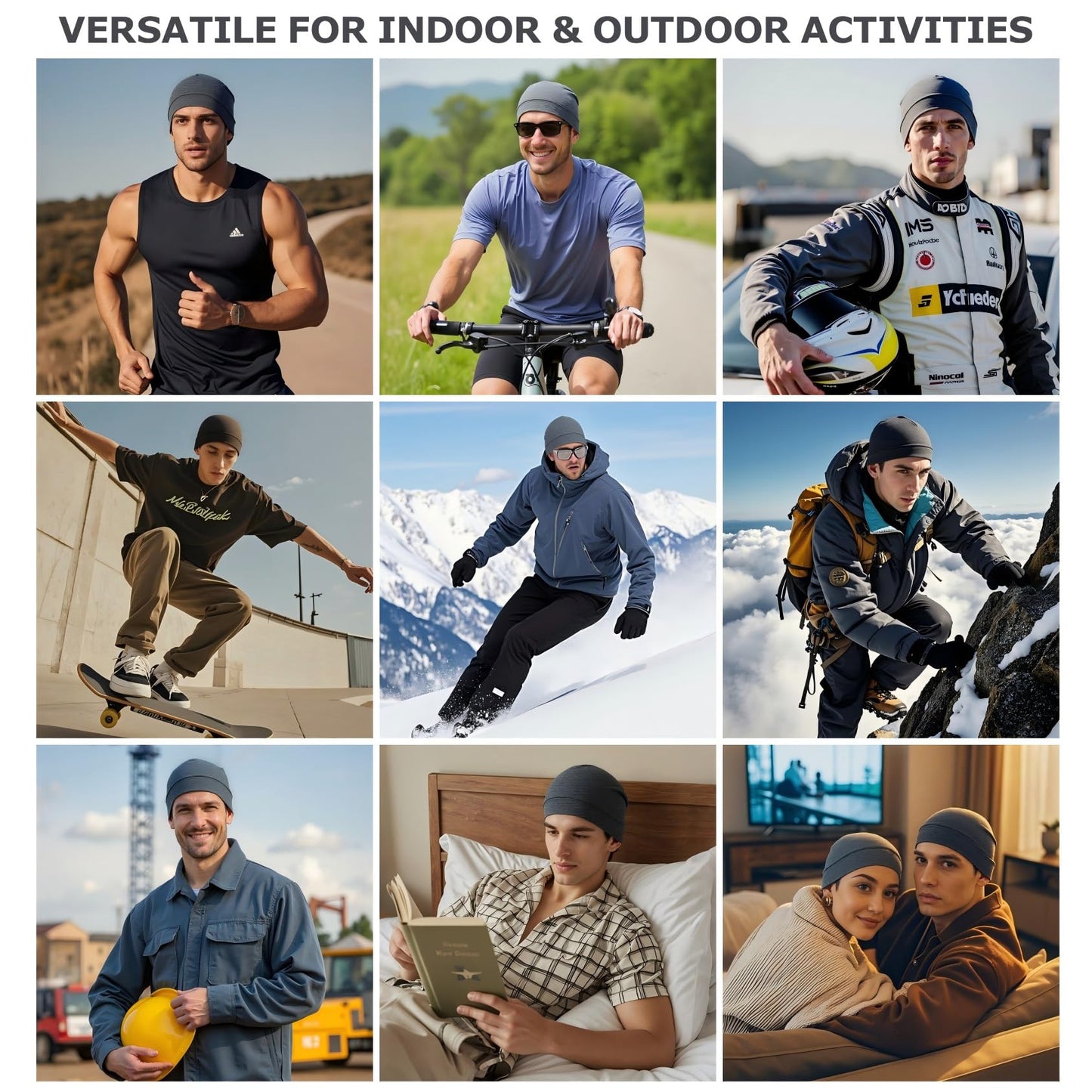 Headshion Cotton Skull Caps for Men Women,2-Pack Lightweight Beanie Sleep Hats Breathable Helmet Liner Black,Grey