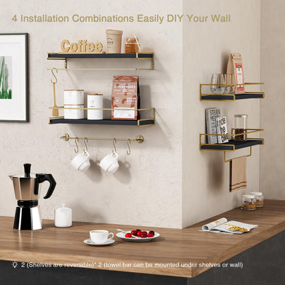 Forbena Black and Gold Floating Shelves for Wall, Bathroom Wall Shelves Over Toilet, Wood Hanging Shelves Wall Mounted for Kitchen Coffee Bar (Black and Gold)