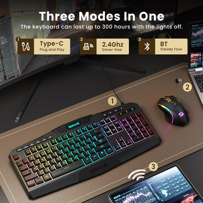 Redragon S101M-KS Gaming Keyboard and Mouse Wireless with Tri-Mode, RGB Keyboard and 4800 DPI Gaming Mouse, 10 Independent Multimedia Keys for Wins, PC, Computer, Wireless S101 Ideal for Gamer