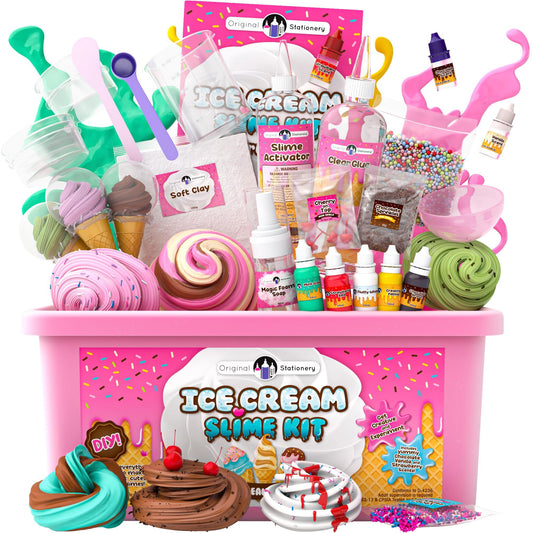Original Stationery Slime Kit for Girls - 31-Piece Multicolor Ice Cream, Cherry Scent - DIY Ice Cream Slime Making Kit & Arts and Crafts for Kids Ages 8-12 - Birthday Gifts for Girls