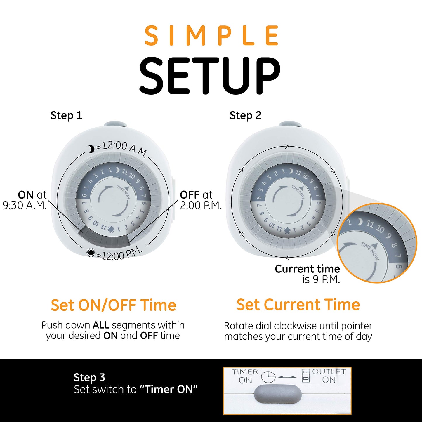GE 24-Hour Heavy Duty Indoor Mechanical Timer, 1 Grounded Outlet Timer, ON/OFF Daily Cycle Timer Plug, 30-Minute Interval Timer Outlet, 125VAC Light Timer, Plug Timer, Lamp Timer, White, 1 Pack,15153