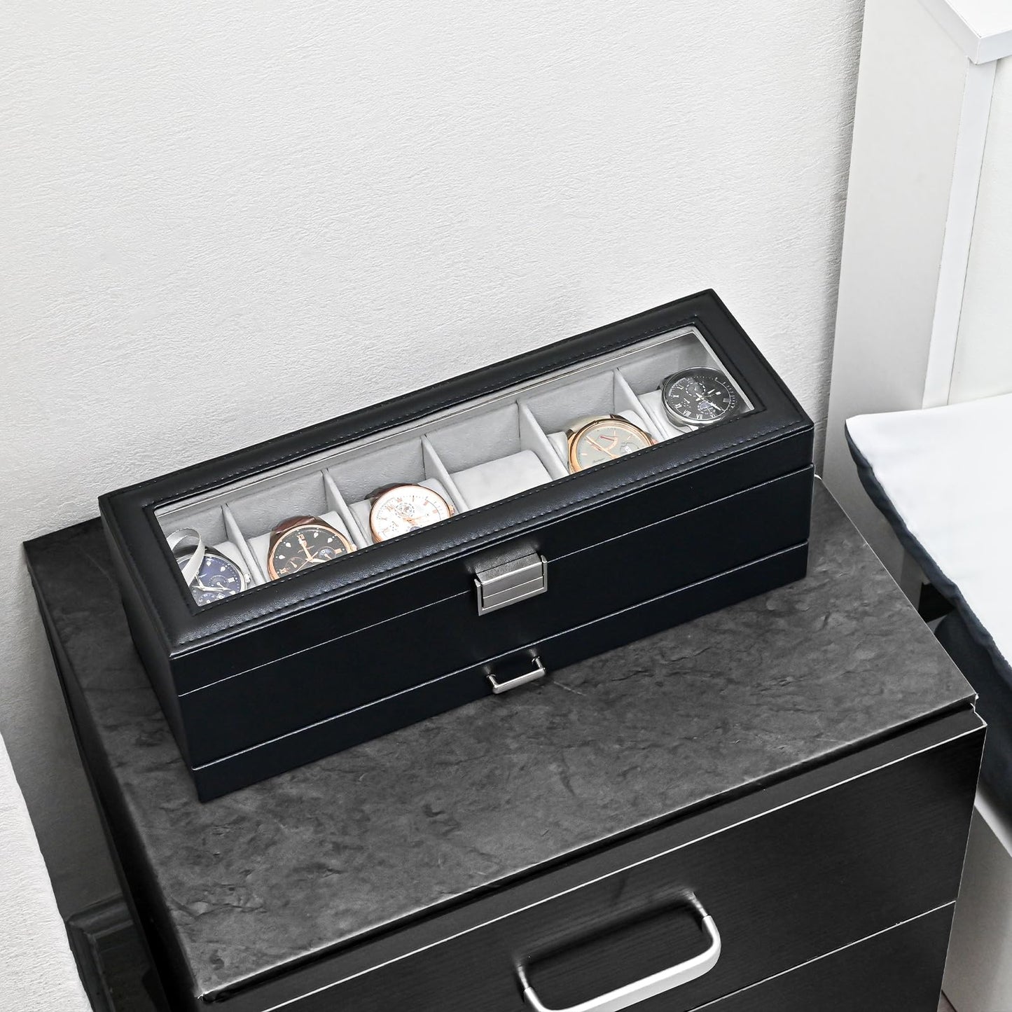 ProCase Watch Box for Men, 6 Slot Watch Display Case with Drawer, Mens Watch Case With Glass Lid, 2-Layer Jewelry and Watch Storage Watch Holder Organizer for Men Women -6 Slot, Black