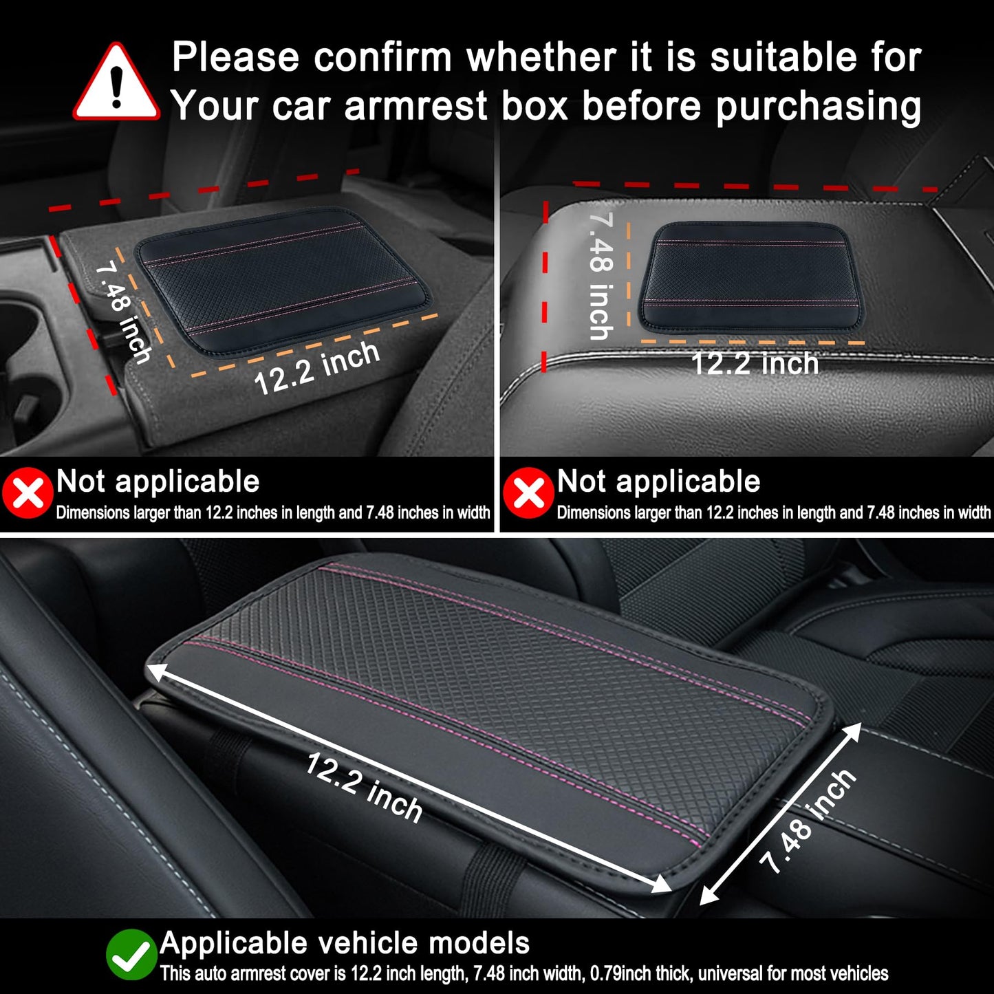 Amiss Car Center Console Pad, Universal Waterproof Car Armrest Seat Box Cover, PU Leather Auto Armrest Cover Protector，Vehicle Interior Accessories fits SUV/Truck/Car (Black-Pink)