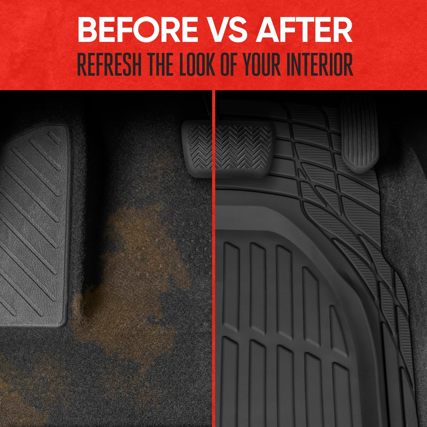 Motor Trend FlexTough Floor Mats for Cars, Black Deep Dish All-Weather Mats, Waterproof Trim-To Fit Automotive Floor Mats for Cars Trucks SUV, Universal Floor Liner Car Accessories